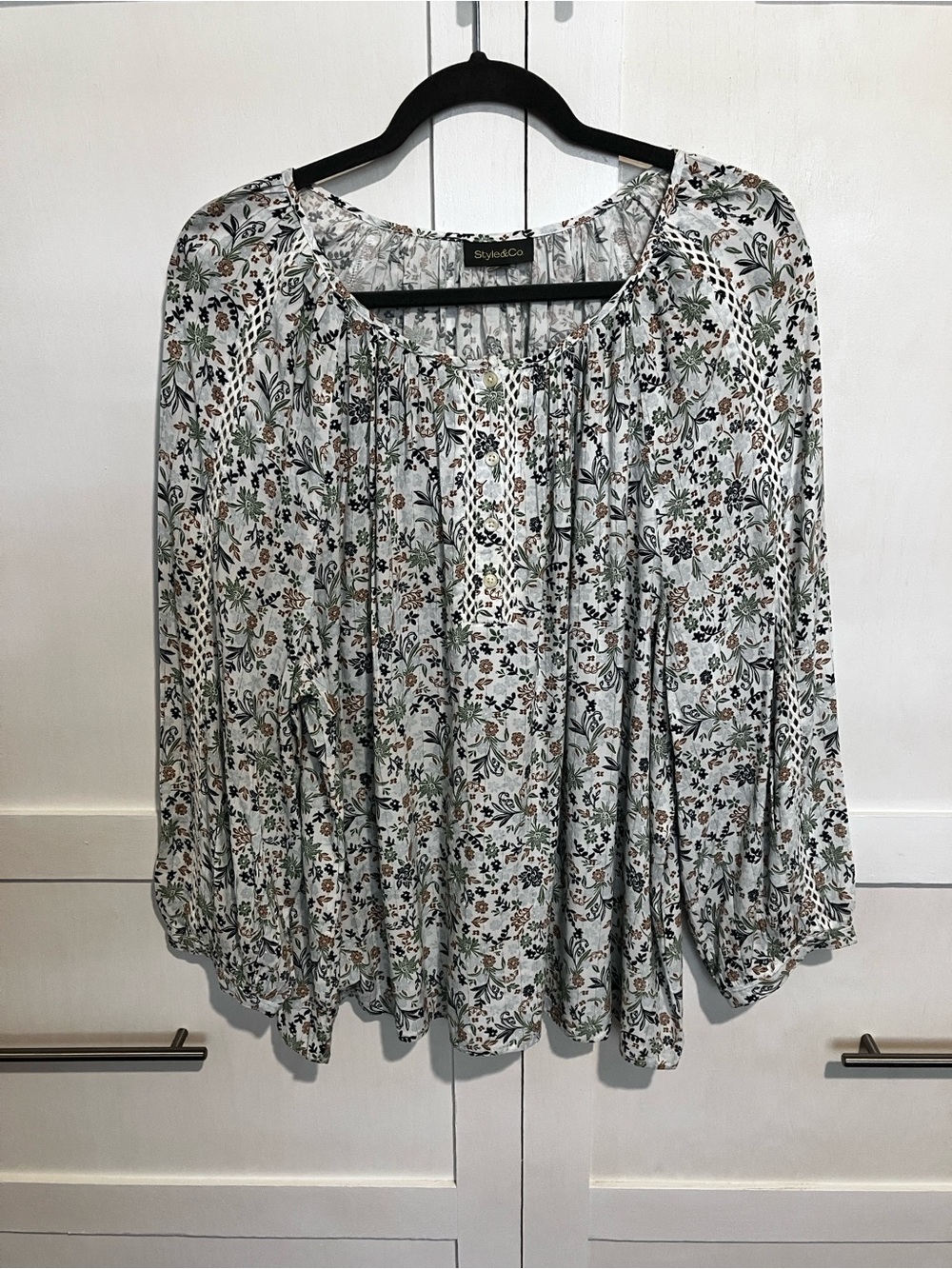 Style & Co. Lightweight Long Sleeve Floral Peasant Blouse, XL